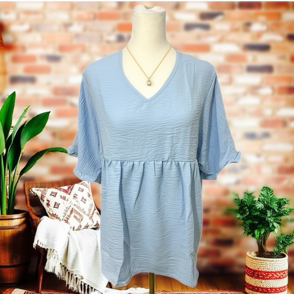 Textured Ruffle Gathered Boutique Top Short Sleeve V Neck Blouse in Coastal Blue - Picture 2 of 8